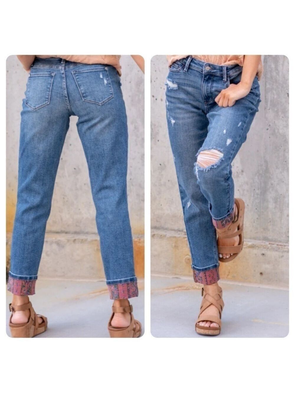 Judy Blue Boyfriend Fit Paisley Print
Cuffed Mid Rise Distressed Jeans Size 28 7